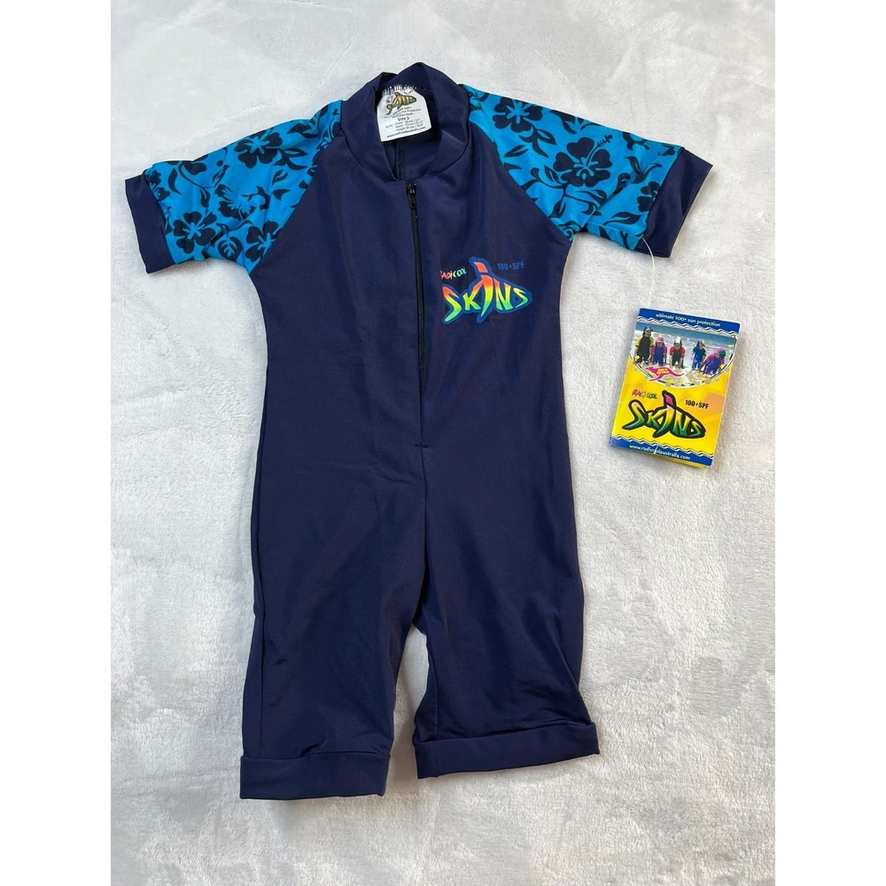Skins Kids' Navy Blue Short-Sleeve Rashguard Swimsuit - Blue Floral Sleeves